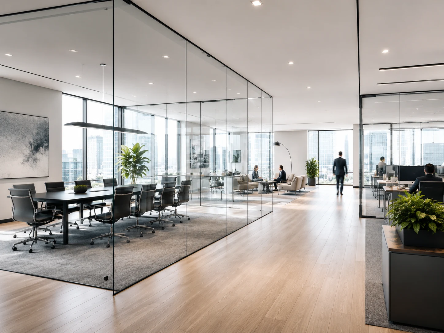frameless glass partitions in modern office interior